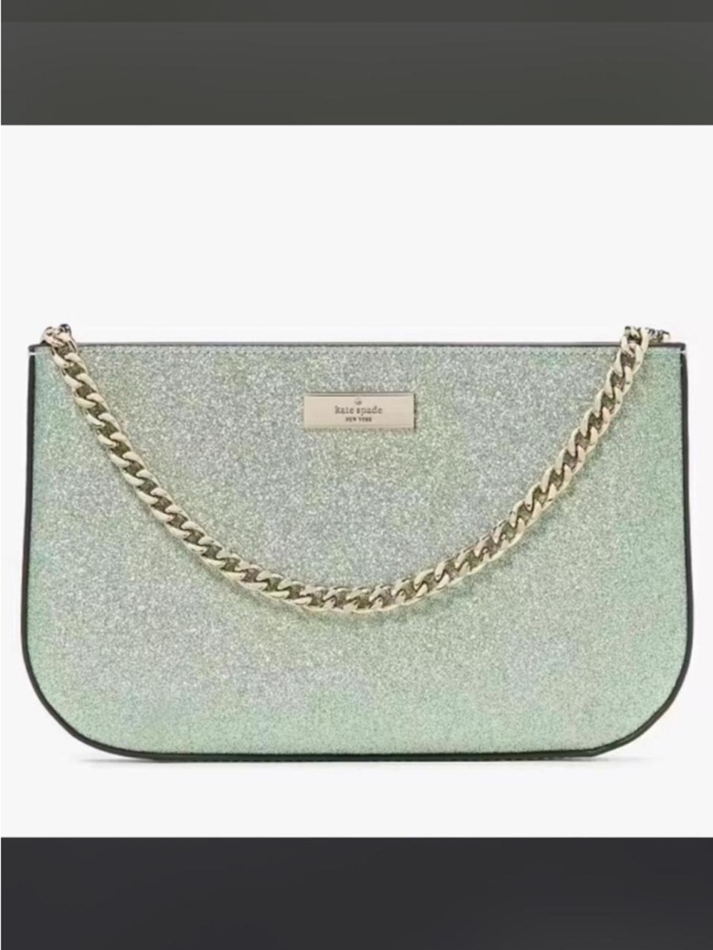kate spade iridescent mint glitter chain clutch